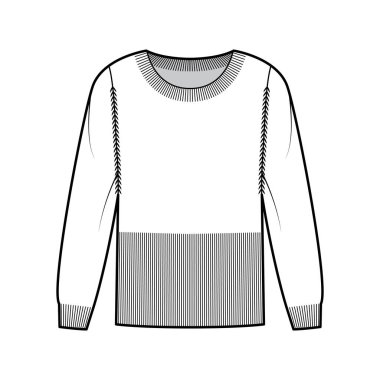 Kaburga yuvarlak boyunlu, uzun kollu, vücuduna uydurulmuş, kalça uzunluğunda, örgü örgülü...