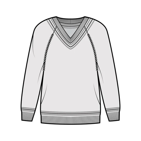 Krikett pulóver technikai divat illusztráció csíkok, borda V-nyakú, hosszú raglan hüvely, csípő hossza, kötött mandzsetta szegély — Stock Vector