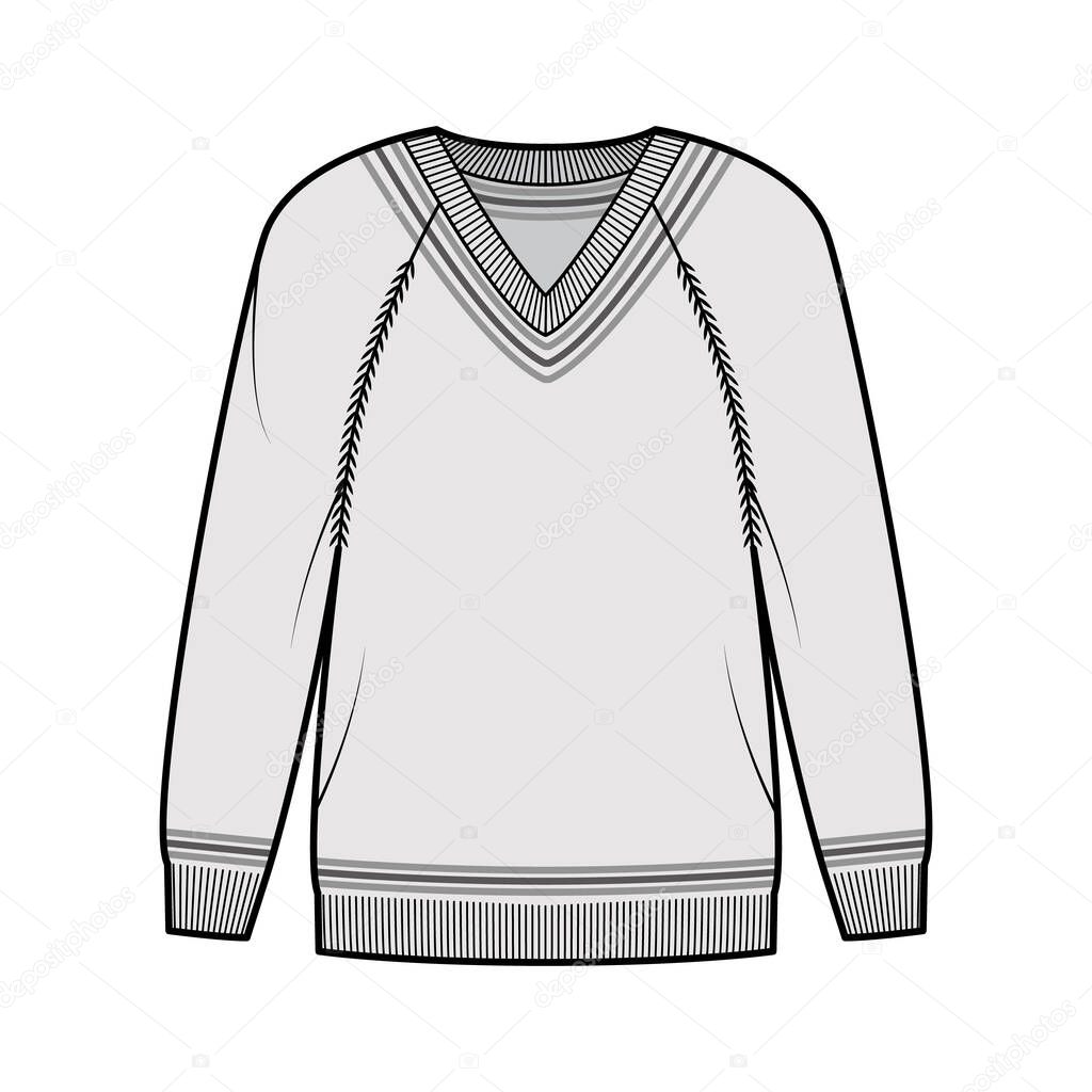 Cricket Sweater technical fashion illustration with stripes, rib V-neck, long raglan sleeves, hip length, knit cuff trim