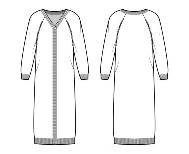 Midi hırkası teknik tasviri. Kaburga V-yakalı, uzun paçavra kollu, iri cüsseli, baldırlı, örgü örgülü.