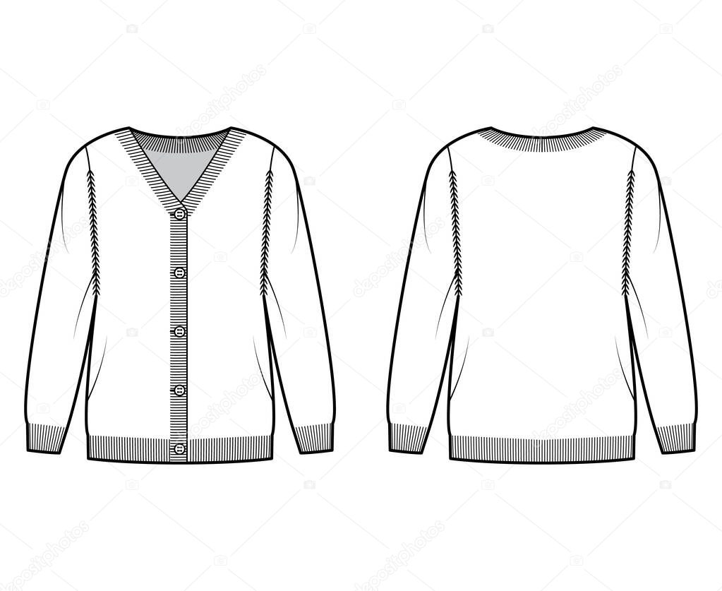 Sweater cardigan technical fashion illustration with V- neck, long sleeves, oversized, fingertip length, knit rib trim