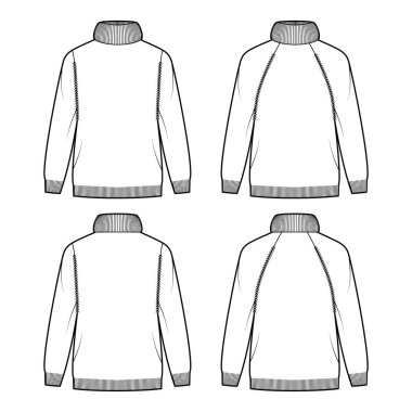 Süveter Abartılı Balıkçı yaka, uzun paçavra kollu, geniş, kalça uzunluğunda, teknik moda illüstrasyonları.