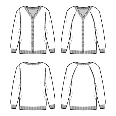 V yakalı, uzun paçavra kollu ve düğme kapaklı Cardigans süveter teknik tasviri.
