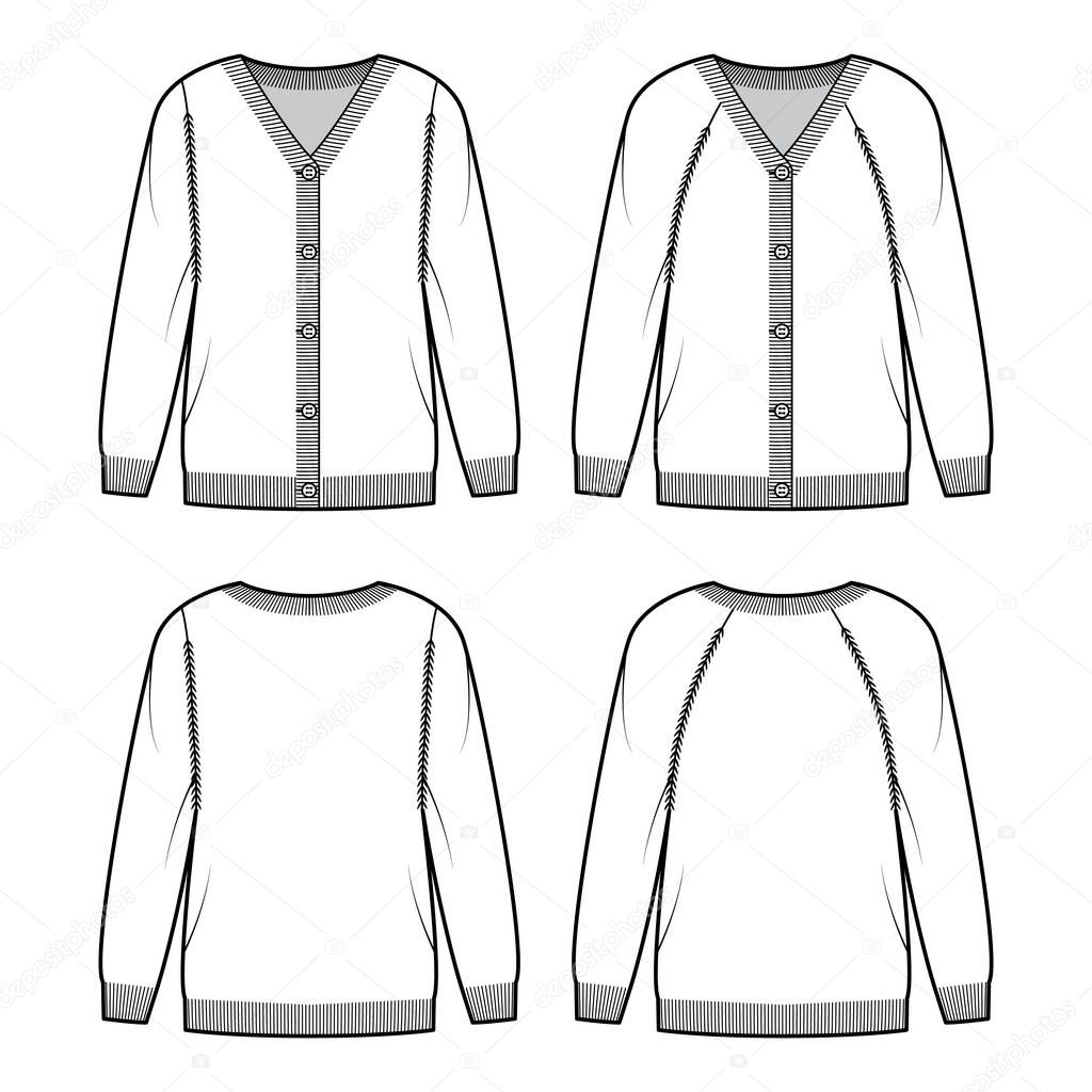 Set of Cardigans Sweater technical fashion illustration with V- neck, long raglan sleeves, button closure oversized