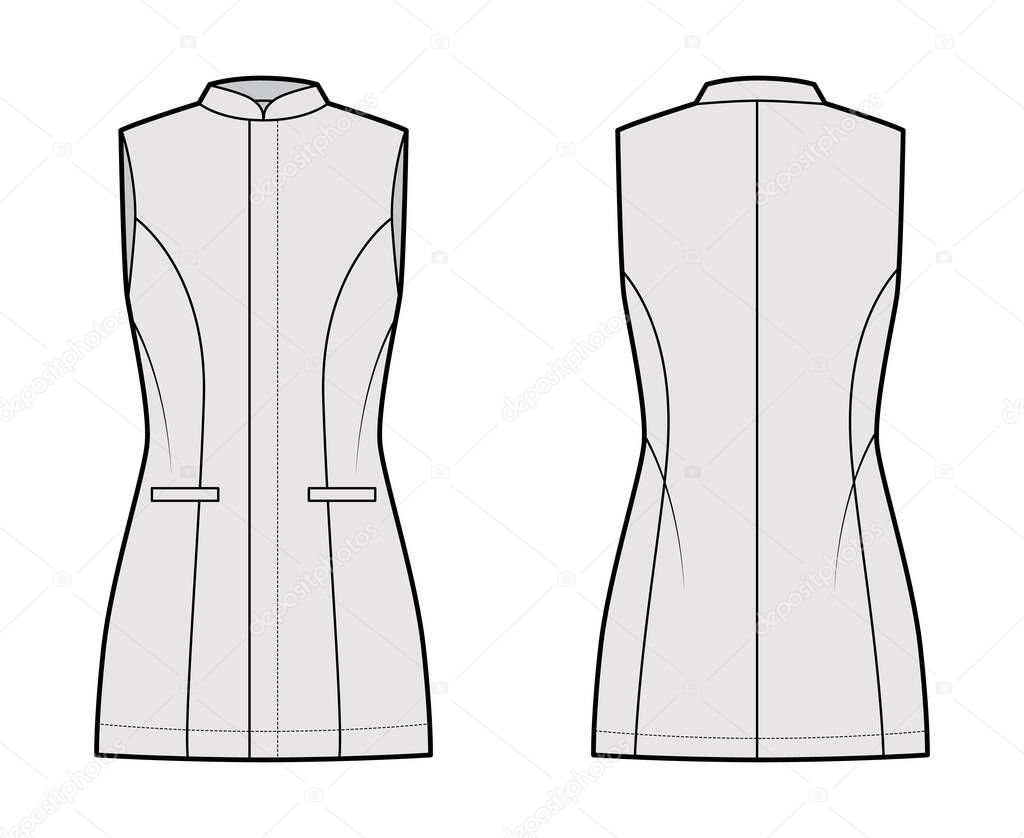 Long vest waistcoat technical fashion illustration with fitted body, sleeveless, stand collar, hide closure, welt pocket