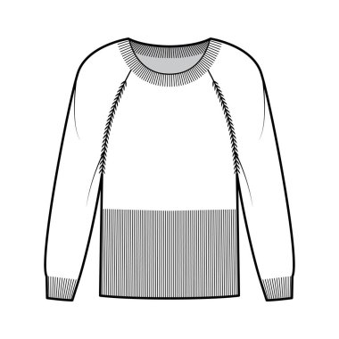 Kaburga yuvarlak boyunlu, uzun paçavra kollu, vücuduna uydurulmuş, kalça uzunluğu, kesimi...