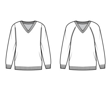 V yaka süveter seti. Uzun paçavra kollu, geniş kalçalı, kaburga kesimli, teknik moda çizimi.