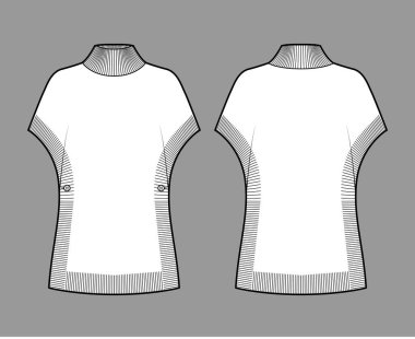 Kaburga balıkçı yaka kazaklı, kısa kollu, büyük bedenli, kalça uzunluklu, kısa kesimli panço süveter moda illüstrasyonu.