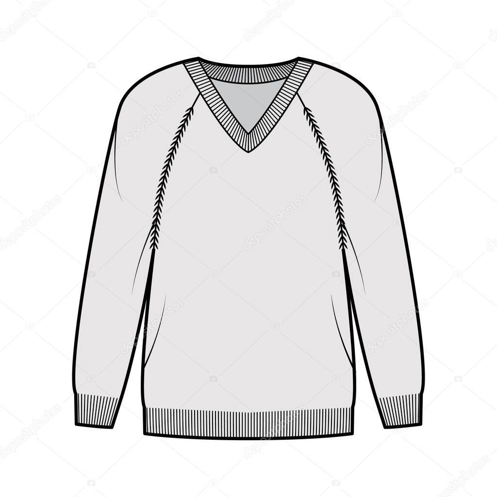 V-neck Sweater technical fashion illustration with long raglan sleeves, oversized, hip length, knit rib trim Flat jumper