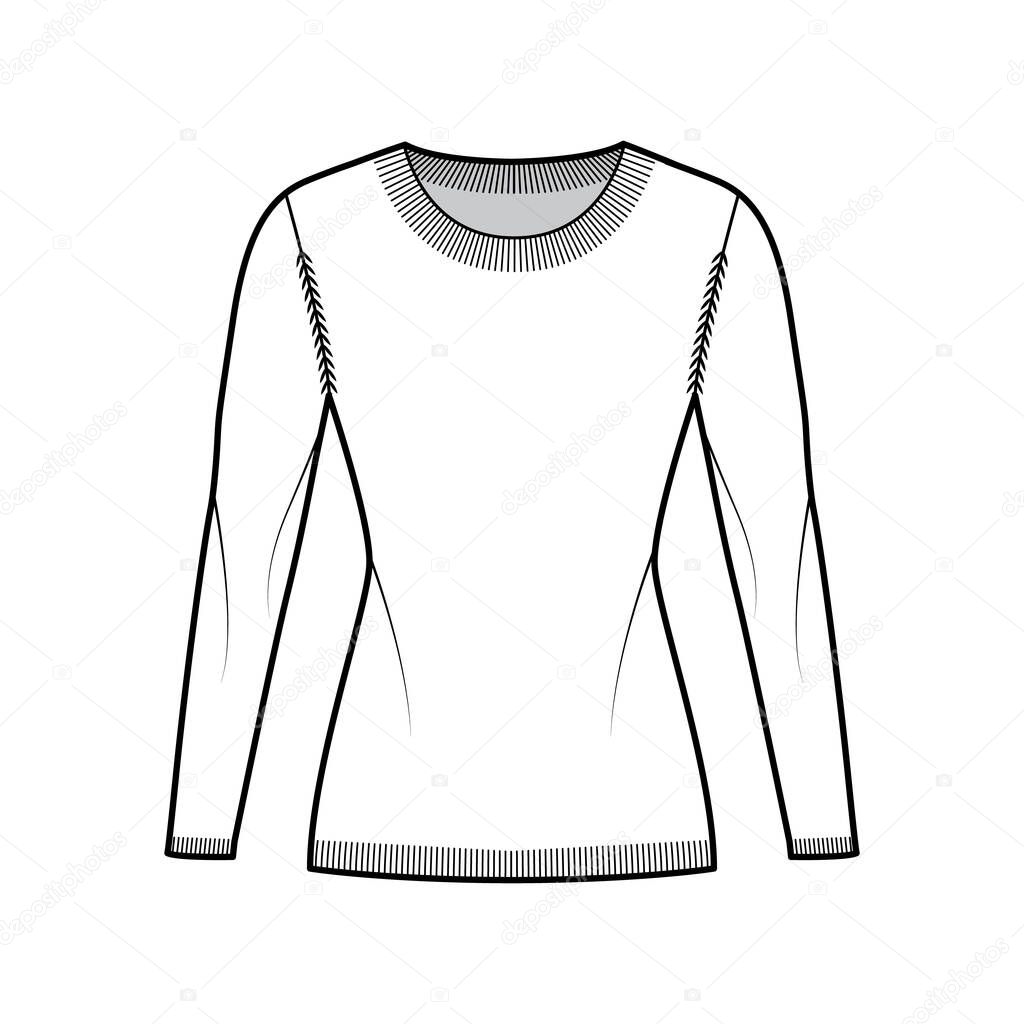 Round neck Sweater technical fashion illustration with long sleeves, fitted body, hip length, knit rib trim Flat jumper