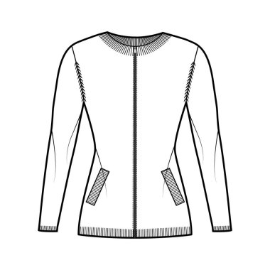Fermuarlı hırka süveter teknik moda illüstrasyon kaburga mürettebatı boyun, uzun kollu, vücut, örgü örgüsü, cep