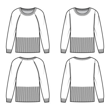 Bir set Belli Süveter. Kaburga yakalı, uzun kollu, vücuduna uyumlu, kalça hizasında, örgü örgülü.