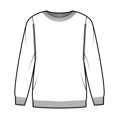 Kaburga mürettebatı boyunlu, uzun kollu, büyük bedenli, uyluk uzunluğunda, örülü kol kesimi olan süveter teknik tasviri. Düz