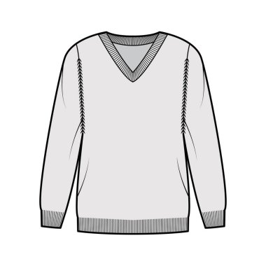 V yaka süveter, uzun kollu, büyük beden, kalça uzunluğunda, kaburga kesimi örülmüş teknik tasvirler. kazak giysisi