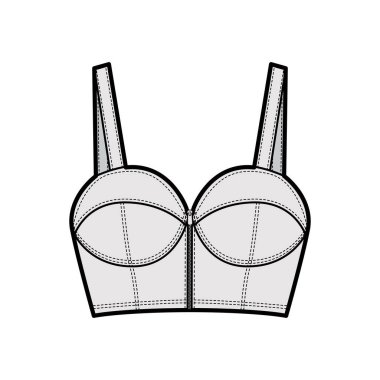 İnce kayışlı, fermuarlı, bardaklı, dar kesimli, ekin uzunluğunda sütyenli Denim büstiyer üst moda illüstrasyonu.