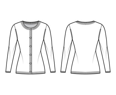 Uzun kollu, vücuduna uyumlu, kalça uzunluğunda, kaburga bilekliği örülü yuvarlak bir hırka teknik tasviri. giyim