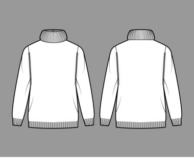 Süveter Abartılı Balıkçı yaka uzun kollu, geniş kalçalı, kaburga kesimli, teknik moda illüstrasyonu.