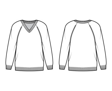 V yaka süveter teknik tasviri, uzun paçavra kollu, geniş, kalça uzunluğunda, kaburga bukleli düz kazaklı.