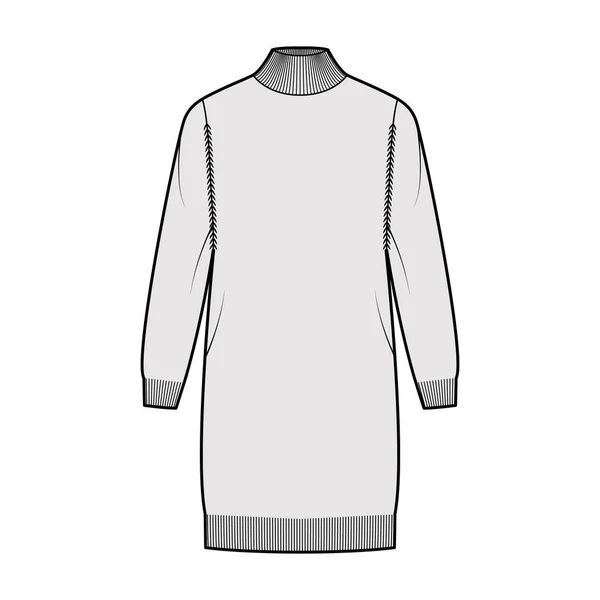 Turtleneck klänning Tröja teknisk mode illustration med långa ärmar, överdimensionerad kropp, knälängd, stickad kant. — Stock vektor