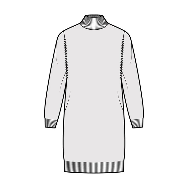 Abito dolcevita Maglione tecnica illustrazione di moda con maniche lunghe, corpo oversize, lunghezza del ginocchio, assetto maglia. — Vettoriale Stock