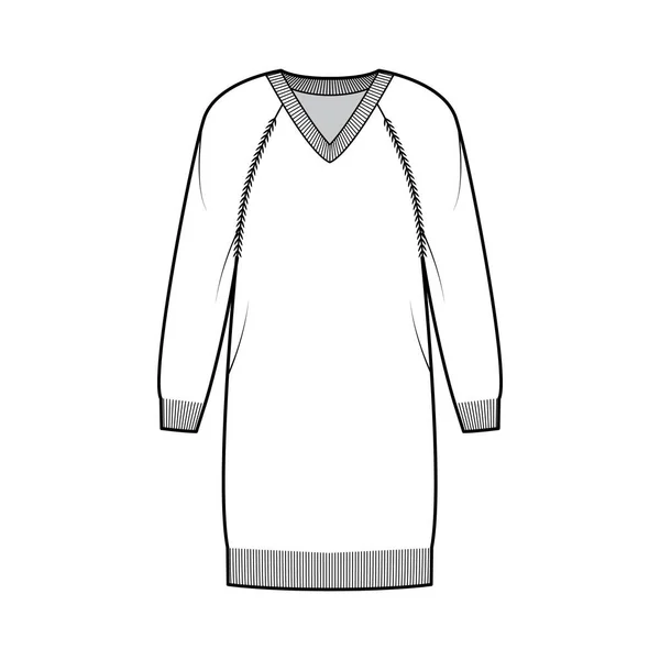 Kleid V-Ausschnitt Pullover technische Mode Illustration mit langen Raglanärmeln, entspannen fit, knielang, Strickrippenbesatz Flach — Stockvektor