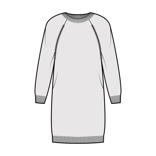 Crew neck dress Sweater technical fashion illustration with long raglan sleeves, relax fit, knee length, knit rib trim. — Stock Vector