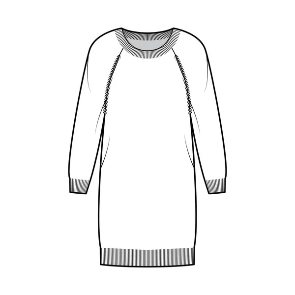 Φόρεμα στρογγυλό λαιμό Φόρεμα πουλόβερ τεχνική εικόνα μόδας με μακριά μανίκια raglan, υπερμεγέθης σώμα, μήκος γόνατος, rib τελειώματα — Διανυσματικό Αρχείο