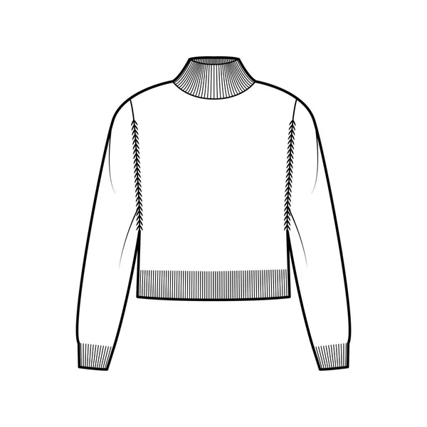 Turtleneck tröja beskuren teknisk mode illustration med långa ärmar, slappna av kropp, midja längd, stickad kant. hoppare — Stock vektor