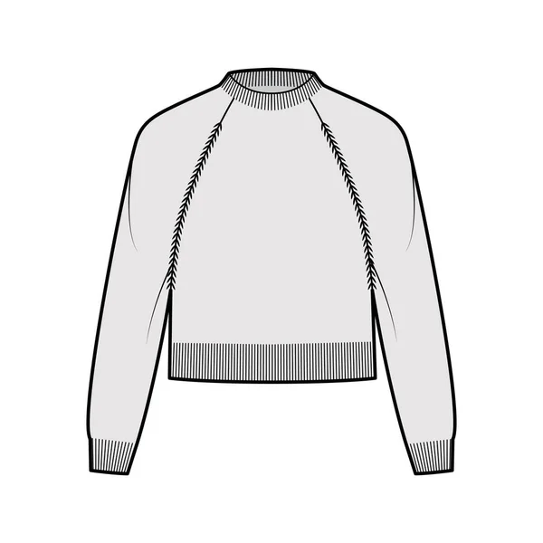 Stříhaný rybářský svetr technická módní ilustrace s krkem, dlouhé raglánové rukávy, vestavěné tělo, délka pasu — Stockový vektor