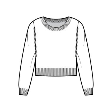 Yuvarlak boyunlu, uzun kollu, bel uzunluğunda, düz atlet örgü ören teknik süveter çizimi.