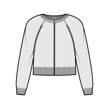 Fermuarı kesilmiş hırka süveter teknik moda illüstrasyonu kaburga boynu, uzun paçavra kollu, örgü örgülü