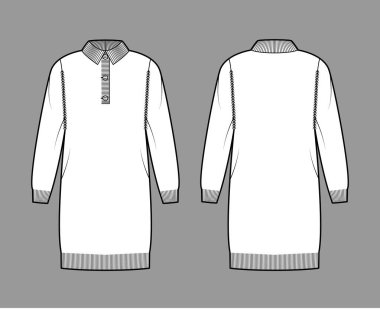 Polo Süveteri Teknik Moda Çizimi Henley boyun, klasik yaka, uzun kollu, diz boyu, örgü