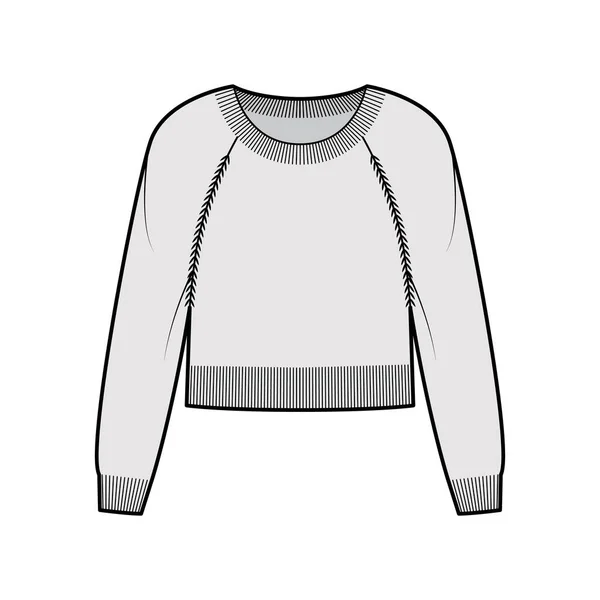 Cuello redondo Jersey recortado técnica moda ilustración con mangas largas raglán, longitud de la cintura, ribete recorte Jersey plano — Vector de stock