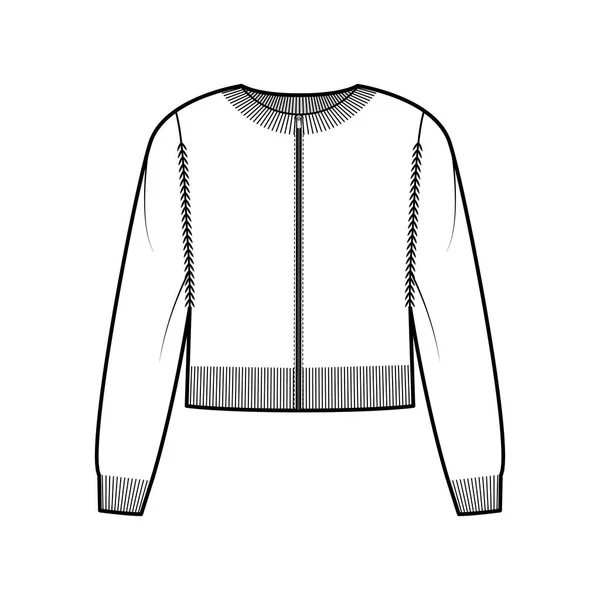 Zip-up ζακέτα περικοπή πουλόβερ τεχνική απεικόνιση μόδας με το λαιμό πλήρωμα πλευρά, μακριά μανίκια, πλεκτό τελειώματα — Διανυσματικό Αρχείο