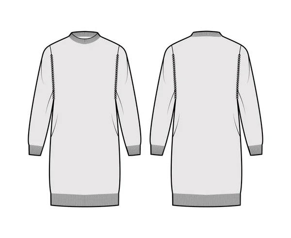 Dress Fisherman Sweater technical fashion illustration with crewneck, oversized body, knee length, knit trim. Flat — Stock Vector