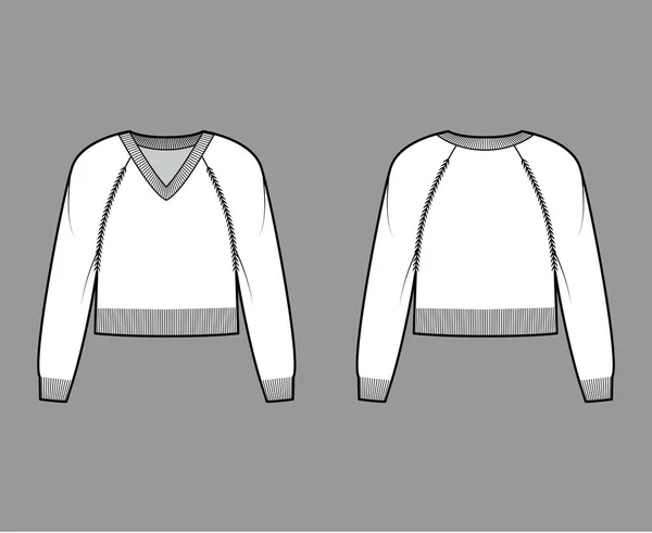 V-nyakú pulóver vágott technikai divat illusztráció hosszú raglan ujjú, pihenni illik, derék hossza, kötött borda berendezés — Stock Vector