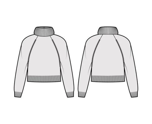 Cropped Sweater overdreven coltrui technische mode illustratie met lange raglan mouwen, ontspannen pasvorm, taille lengte — Stockvector