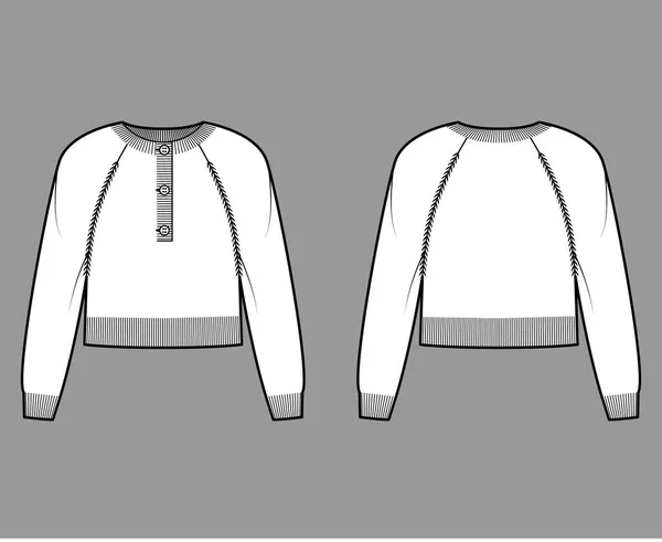 Pullover Henley Hals beschnitten technische Mode Illustration mit langen Raglanärmeln, Taillenlänge, Strickriemen Pullover — Stockvektor