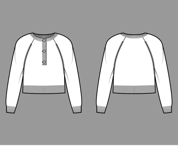 Свитер Хенли шея обрезанный техническая мода иллюстрация с длинными рукавами реглан, длина талии, ребер вязать обрезать перемычку — стоковый вектор