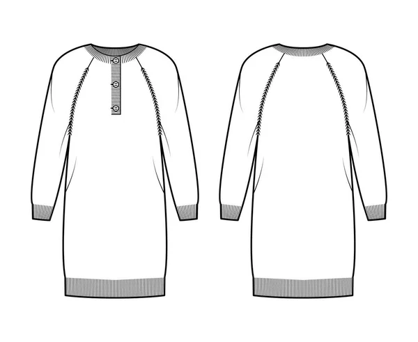 Robe Pull col henley illustration de mode technique avec manches raglan longues, coupe relax, longueur du genou, bordure de côtes Plat — Image vectorielle