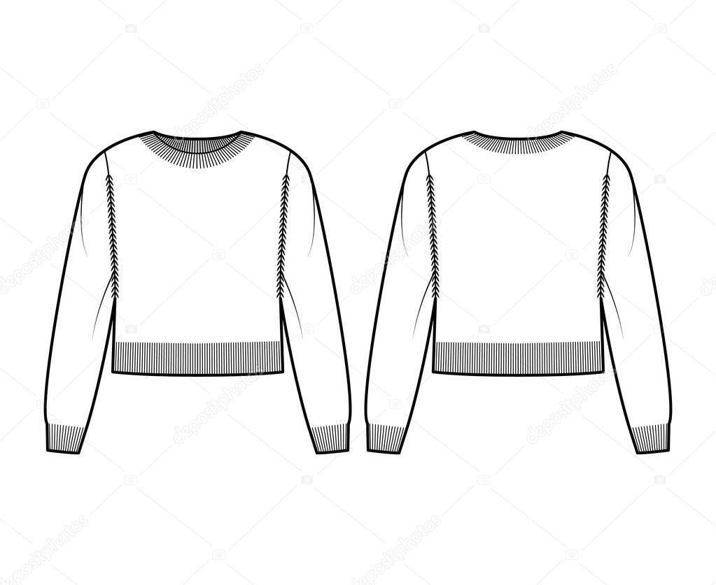 Crew neck cropped Sweater technical fashion illustration with long sleeves, relax fit, waist length, knit rib trim. Flat