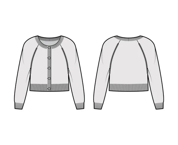 Rundhalsausschnitt Strickjacke abgeschnitten Pullover technische Mode Illustration mit langen Raglanärmeln, entspannen Körper, Strickbündchen — Stockvektor