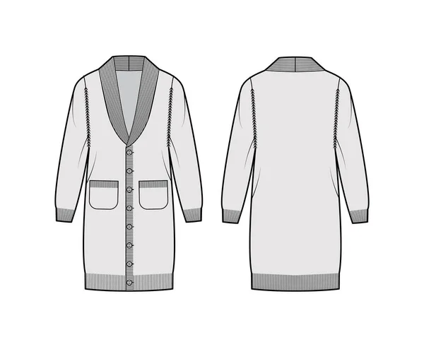 Cardigan sukienka Shawl kołnierz Sweter moda techniczna ilustracja z długimi rękawami, przerośnięte ciało, wykończenie dzianiny, zamknięcie — Wektor stockowy