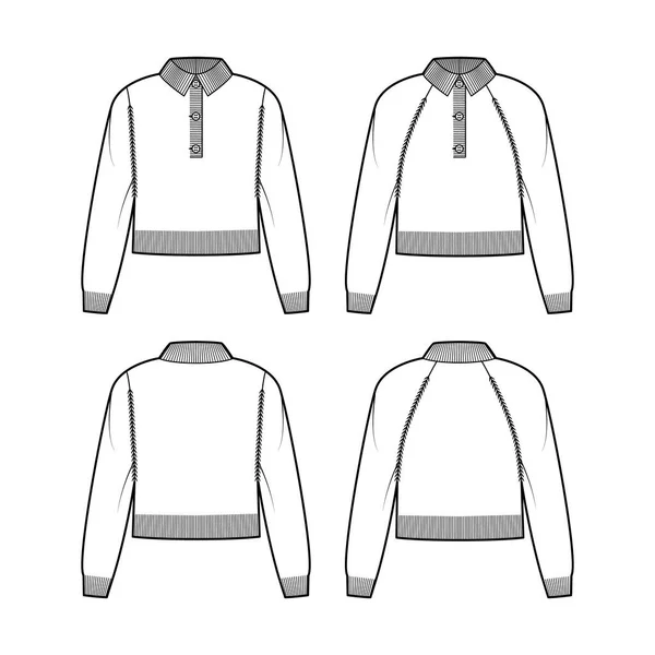 Készlet Polo pulóver vágott technikai divat illusztráció henley nyak, klasszikus gallér, raglan ujjú, túlméretezett — Stock Vector