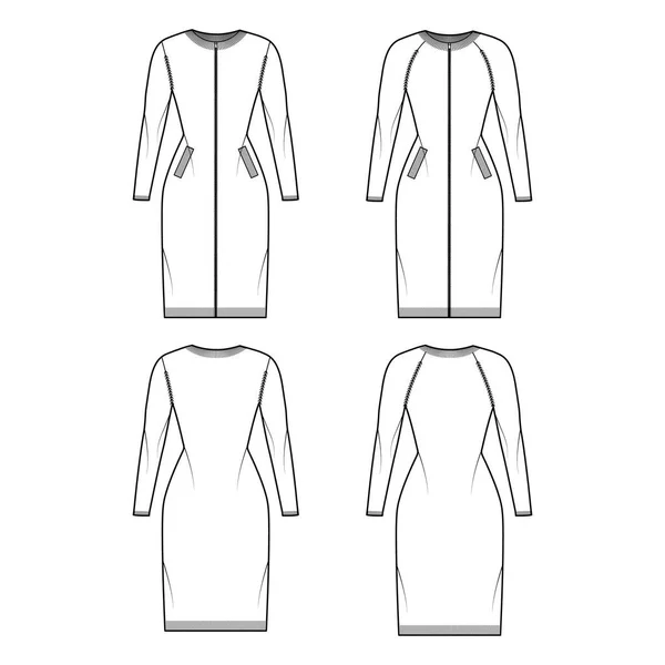 Set van Zip-up jurk vesten Trui technische mode illustratie met rib crew hals, gemonteerd lichaam, trim, zakken — Stockvector