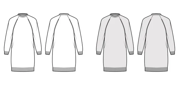 Visser jurk Trui technische mode illustratie met crewneck, lange raglan mouwen, hip lengte, gebreide trim. Vlak — Stockvector