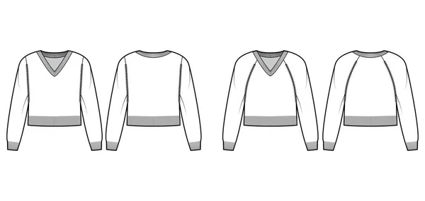 Conjunto de suéteres con cuello en V ilustración técnica de moda con mangas largas raglán, ajuste delgado, longitud de la cintura. Plano — Vector de stock