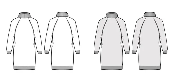 Свитер платье преувеличенный водолазка техническая мода иллюстрация с длинными рукавами реглан, расслабляющая форма, длина колена — стоковый вектор