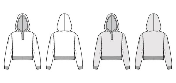 Κουκούλα crop Sweater τεχνική απεικόνιση μόδας με rib henley λαιμό, μακριά μανίκια, χαλαρώστε ταιριάζει, μέση μήκος, τελειώματα — Διανυσματικό Αρχείο