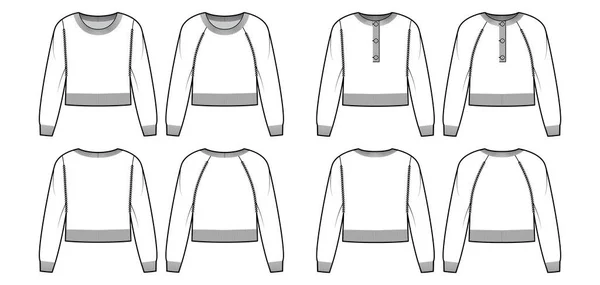 Conjunto de corte redondo cuello henley Suéteres técnica moda ilustración con mangas raglán, longitud de la cintura, ajuste de punto — Vector de stock